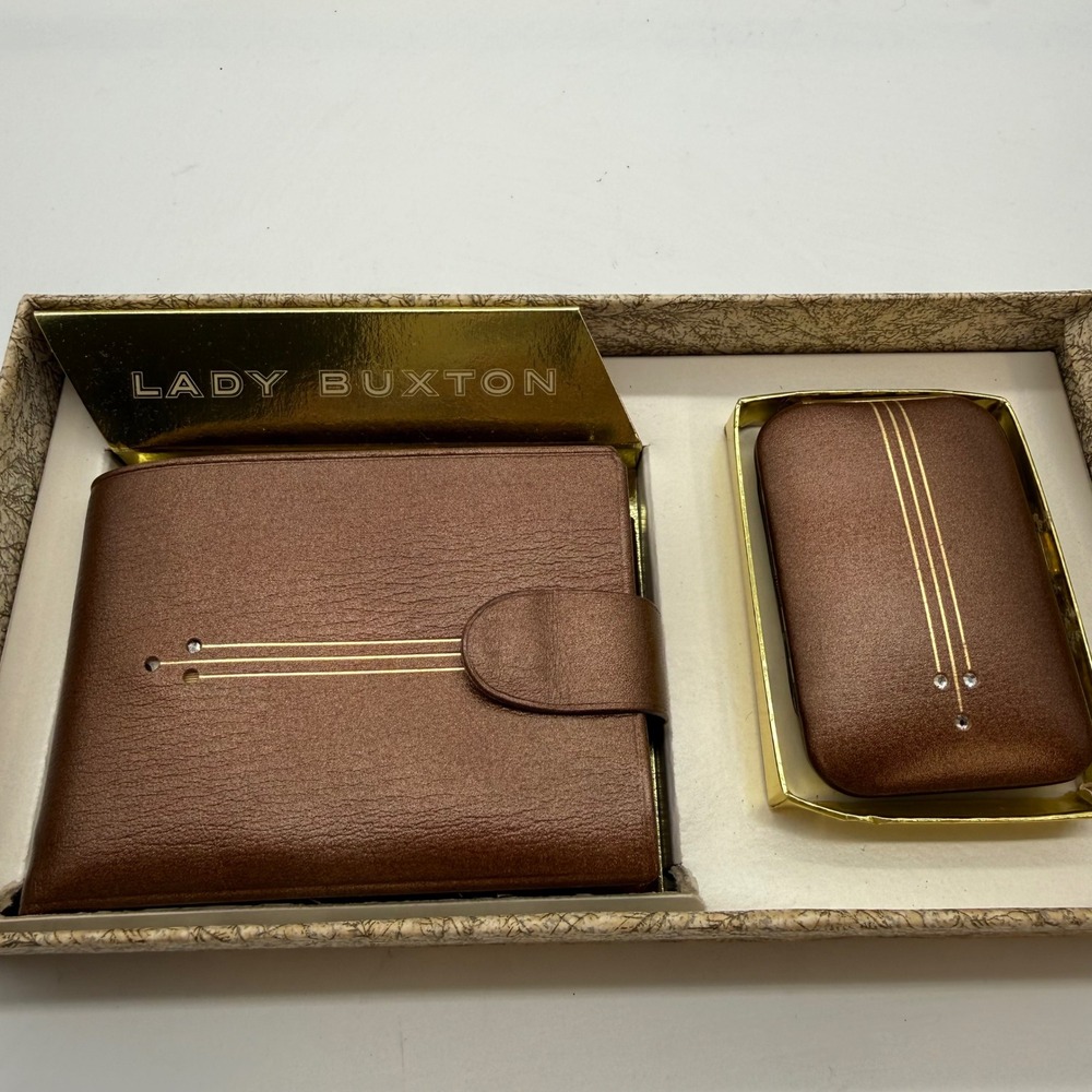 Vintage Lady Buxton Brown Mello Cowhide Wallet and Key Case Set Gold Accents